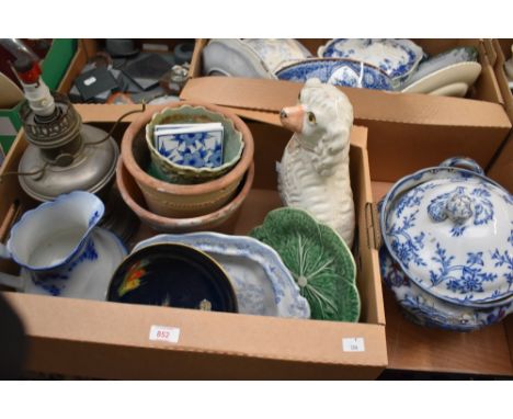 A selection of vintage planters, a Staffordshire flatback dog, an oil lamp base and a large tureen.