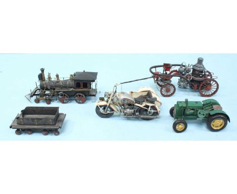 A group of Four modern painted metal models of vehicles, comprising: Motorcycle with sidecar, Locomotive with tender, Tractor