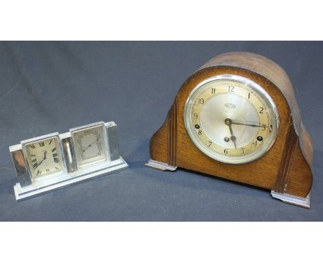 An Art Deco Lancel 8 day Clock Barometer Thermometer with chrome finish, together with a Garrard Oak mantel clock with Westmi