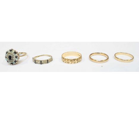 A group of five 9ct gold rings, comprising 3 bands, a Diamond, Sapphire and Opal ring and a Diamond and Sapphire ring, total 