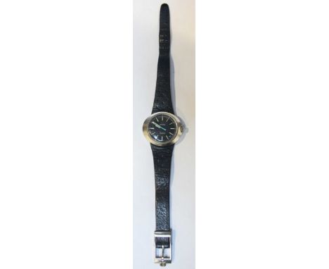 A Ladies Omega Geneve Dynamic steel cased wristwatch on blue leather strap, the blue dial with baton numeral markers, dial 21
