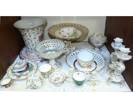 SECTION 12. A small selection of Dresden porcelain, including a pierced lattice work bon bon dish on stand with floral guilde