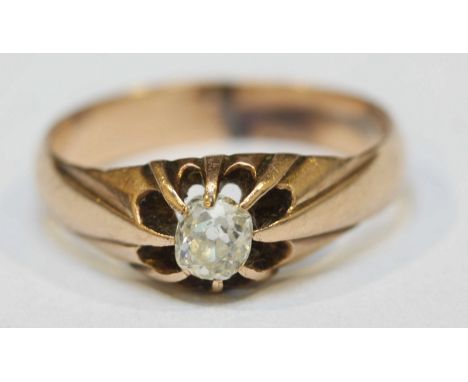 A yellow metal ring with old cushion cut diamond, the claw set stone approximately 0.30ct, ring tests as 14ct gold, 3.2g