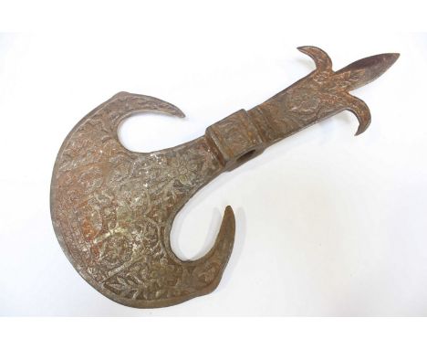 An antique iron Persian Tabar axe head, decorated with flowers figures and elephants, 26x15cm (some surface rust)
