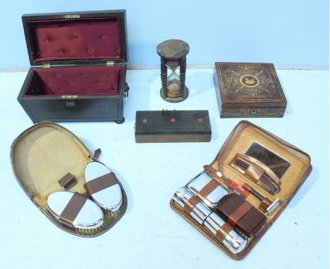 A quantity of various assorted collectables including an ornately inlaid trinket box, a tea caddy, a sand timer and a cribbag
