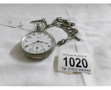 A silver pocket watch on a silver 'Fetter link' chain, Birmingham 1927/28, in working order (T bar is not silver)