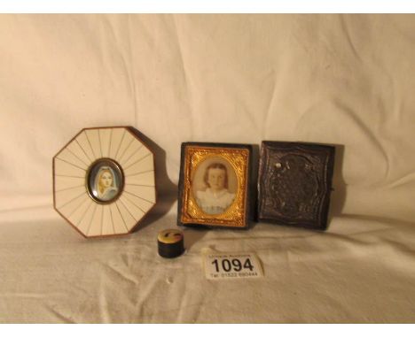 A miniature portrait in frame, a Victorian gilt framed portrait in case (case a/f) and a miniature pot