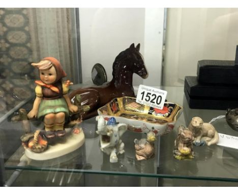 A Goebel figure, a Sylvac horse, A Royal Crown Derby pin tray and 4 Wade items