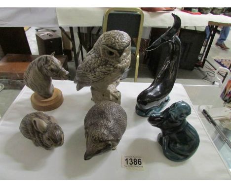 6 Poole pottery figures of animals including Welsh mountain pony, hedgehog, owl signed B Linley Adams, otter etc