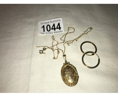 A 9ct gold chain, a/f, a Victorian 9ct gold locket (repair to top ring) and a pair of unmarked yellow metal earrings