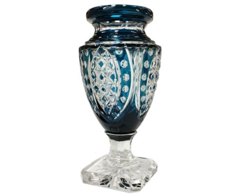 A limited edition Val St. Lambert blue flask cut crystal vase, signed, 101/150No damageHeight 31cm base 12.25cm x 12.25cmTop 