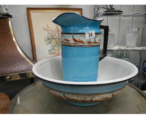 A jug and basin set decorated with pheasants