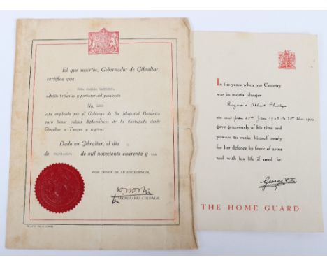 Home Guard Certificate, Raymond Albert Phillips, 13th Sussex HG based in Haywards Heath, together with impressive Gibraltar "