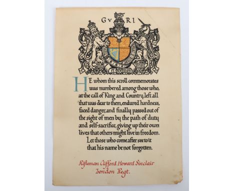 Rifleman Clifford Howard Sinclair London Regiment (City of London Battalion) Killed in action France 1st July 1916, first day