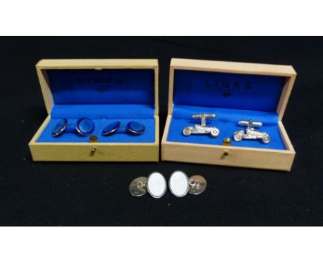 A Pair of Silver Gilt and Enamel Cufflinks by Links within fitted box together with another similar pair in the form of vinta