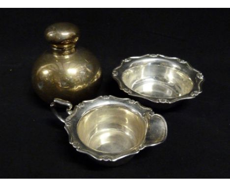 A London Silver Scent Bottle of Globular Form, together with a Sheffield silver cream jug and sugar bowl