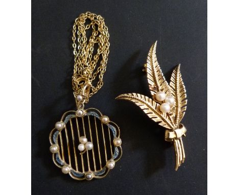 A 15ct. Gold Enamel and Seed Pearl Set Pendant with gold chain together with a 9ct. gold foliate spray brooch