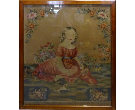 A Victorian Woolwork Large Sampler Depicting a Girl with a Dog by Rachel Stafford, dated 1851, 84 x 64 cms