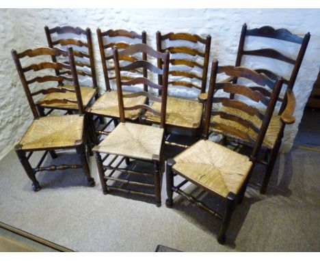 A Set of Four 19th Century Ladder Back Country Chairs with rush seats and turned legs with stretchers, together with three si