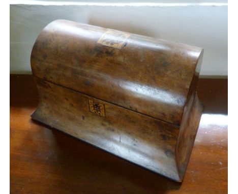A 19th Century Walnut Tunbridge Inlaid Dome Shaped Tea Caddy, the hinged cover enclosing a three division interior, 33 cms lo