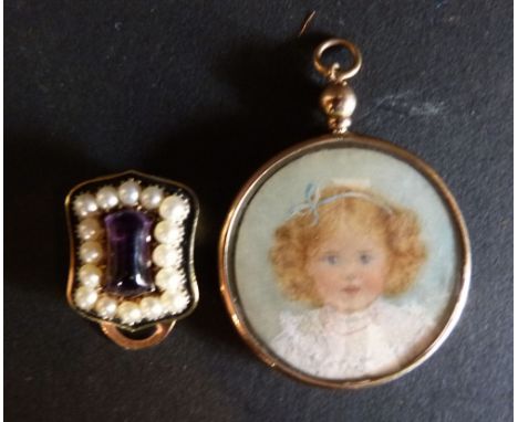 A Regency Yellow Metal Brooch with a cabochon amethyst surrounded by pearls together with a 9ct. gold portrait pendant miniat