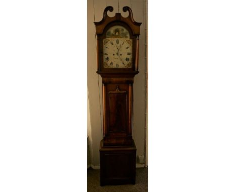 A Scottish mid Victorian mahogany longcase clock, signed Hay Elrick, Kirkwall, with a 32cm arched painted dial, decorated wit