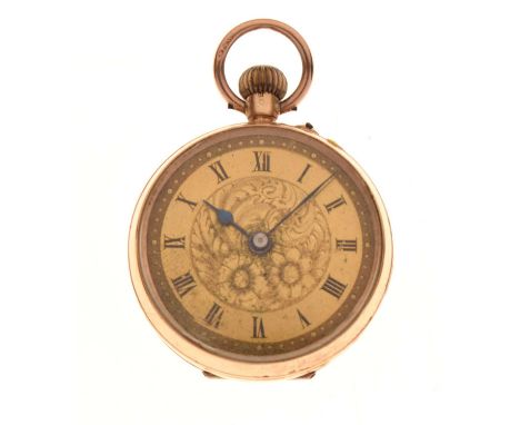 9ct yellow metal fob watch having a Roman chapter ring dial framing engraved floral centre, 27mm diameter (ex.loop),16g gross