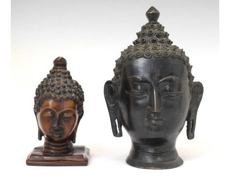 Thai bronze Buddha bust, 17cm high, together with a smaller resin bust on square base, 10cm high (2) 