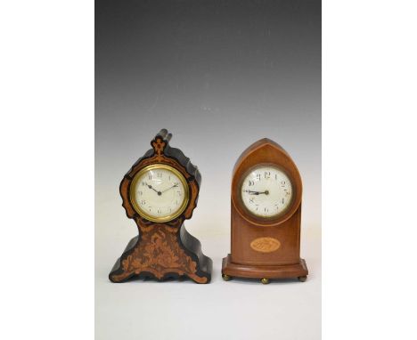 Early 20th Century marquetry 8 Day mantel clock with white Arabic dial and blued steel hands, 26.5cm high, together with anot