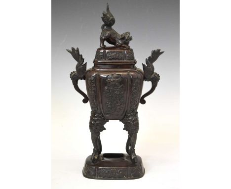 Japanese bronze incense burner (koro), with crouching Dog of Fo cover on a lobed body and bird handles raised on four zoomorp