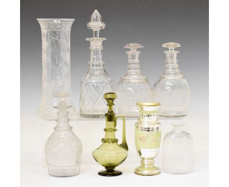 Quantity of 19th Century glassware, to include pair of ring neck decanters with mushroom stoppers, six sided flask engraved w