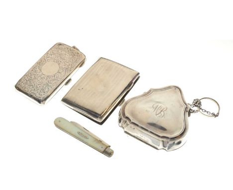 George V silver cigarette case, Birmingham, 1919, together with two early 20th Century purses and a silver mother-of-pearl fo