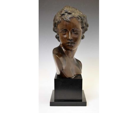 Reproduction spelter bust of a young boy, mounted on a black step plinth, 23cm x 47cm high 