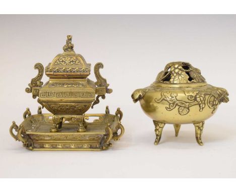 Japanese bronze koro with leaf and grape decoratio, 10cm high, together with a French orientalist inkwell, 12cm x 14cm high (
