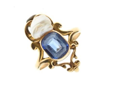 14ct gold, sapphire and baroque pearl dress ring, size M approx, 4.4g gross approx