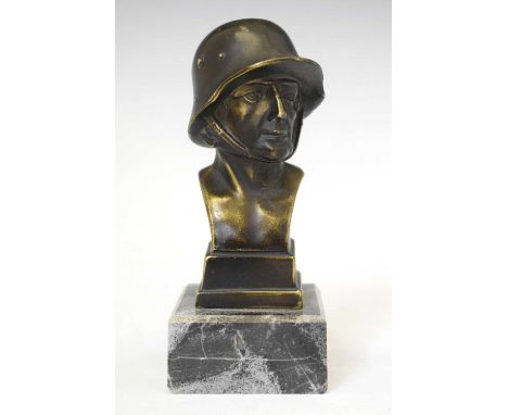 Bronze bust of Second World War German solider, on marble base, 13cm high 