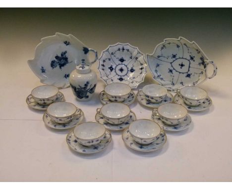 Royal Copenhagen - 'Blue Flower' tea caddy and leaf dish, together with a collection of 'Blue Fluted Plain' porcelain leaf di