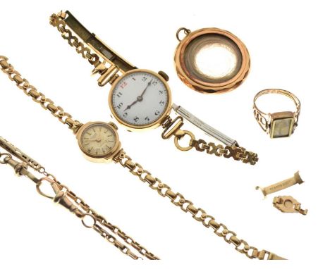 Assorted 9ct gold, to include two lady's wristwatches, locket, chain (or Albert), and ring with carnelian swivel seal engrave