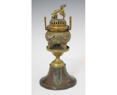 Japanese bronze koro on stand, Meiji period, the bronze pierced domed cover with Dog of Fo finial over cauldron body with dia