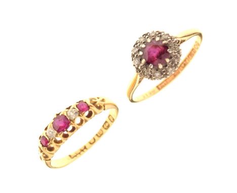 Victorian18ct gold, ruby and diamond five stone ring, size M approx, and a ruby and white stone cluster ring, stamped '18ct' 