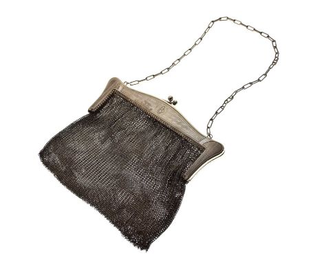 White metal mesh evening bag, having engine-turned decoration and monogrammed cartouche, 17cm x 15.5cm high (overall),  277g 
