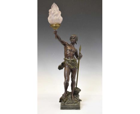 After Louis Auguste Moreau (French, 1855-1919) - Large spelter figural lamp base of a hunter with spear marked 'Vinci' to fro
