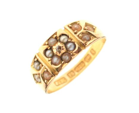 Victorian 15ct gold seed pearl and diamond ring, Birmingham 1890, size M approx, 2.8g gross approx