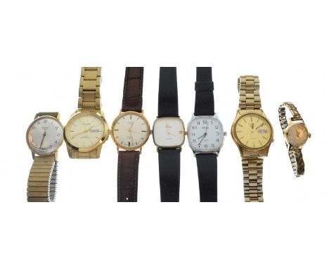 Lady's Tissot 9ct cocktail watch on expandable bracelet, together with a quantity of gold plated gents watches (7)