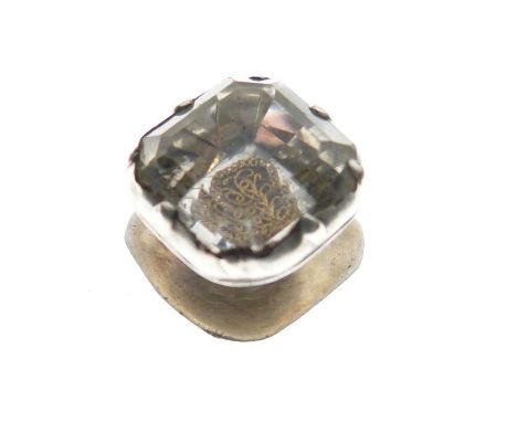 Georgian button or stud, the 9mm square cut crystal in a closed back collet set, laid over a wire work monogram