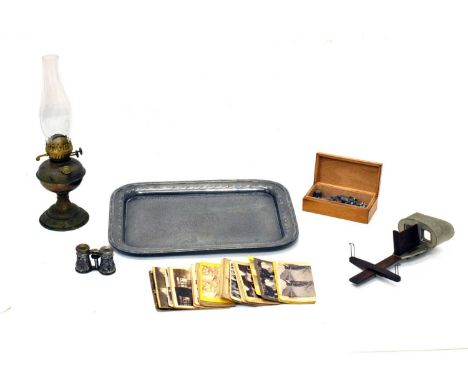 Mixed group of collectors items to include; Stereoscope and cards, opera glasses, oil lamp, cigarette/ trade cards unpainted 