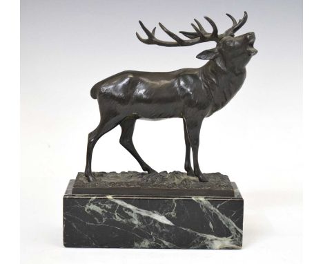 Cast metal model of a stag with bronze finish, on rectangular marble base 17cm x 22.5cm high 