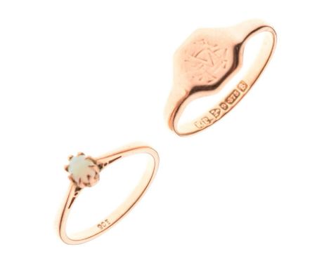 9ct rose gold signet ring, size S approx, Chester, and a single stone ring set opal cabochon, stamped '9ct', size L½ approx, 