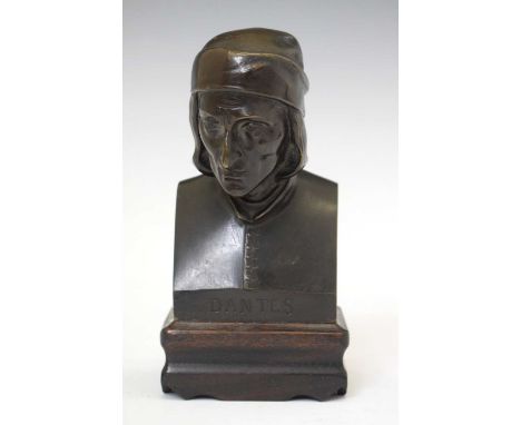 Bronze bust of Dante Alighieri, entitled 'Dantes' mounted on a wooden base, 16cm high