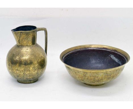 Late 19th or early 20th Century Asian brass jug and basin, engraved with figures and animals amidst foliage, 30cm high overal